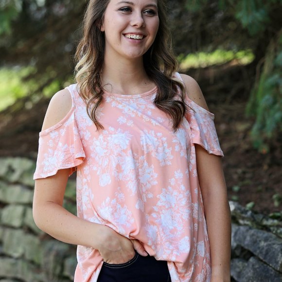 Summer Pink floral cold shoulder top - Picture 3 of 4
